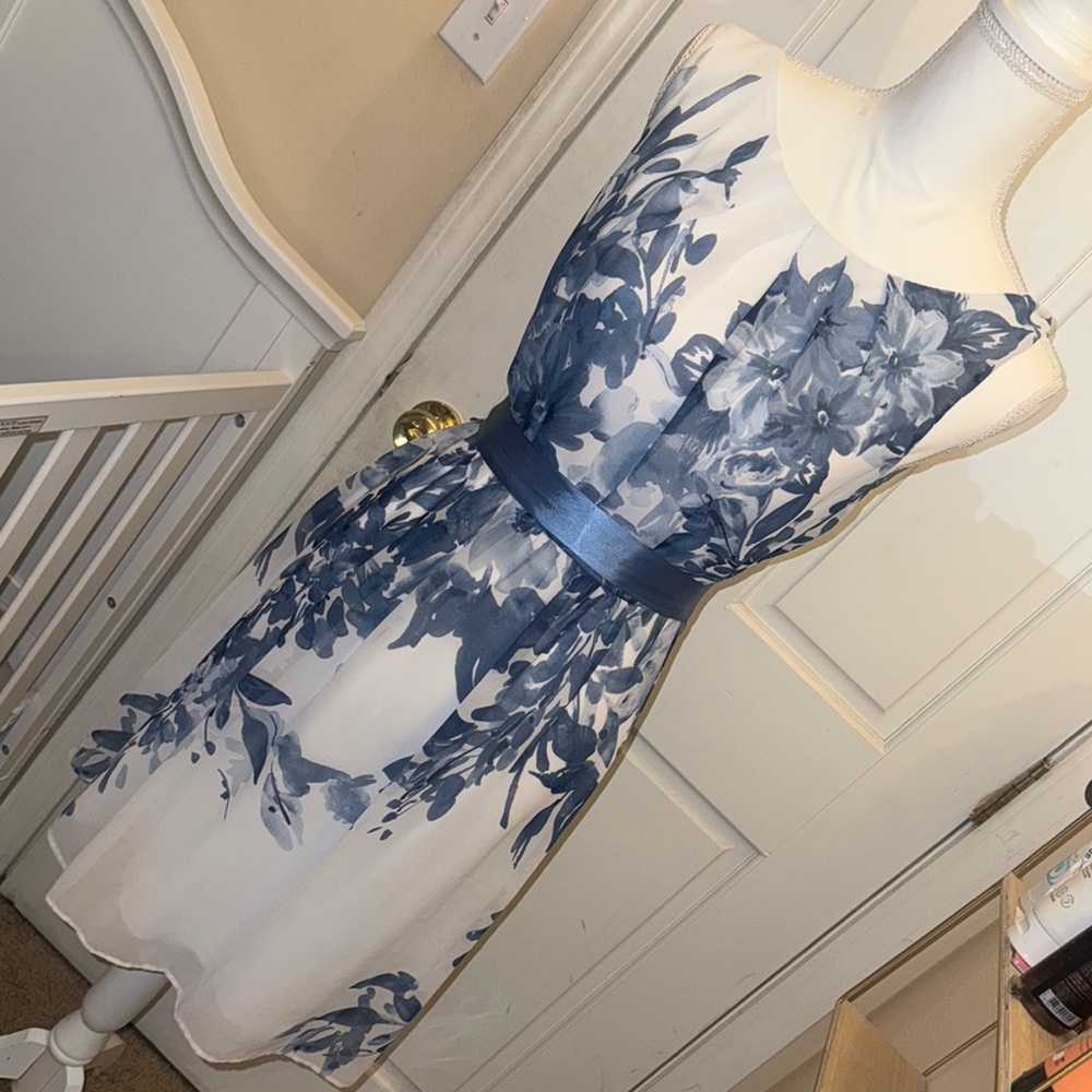Blue and White Asymmetrical Midi Sundress for Wedding Guest